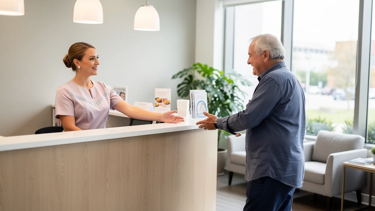 AI-generated image of a dental receptionist welcoming an older patient at the front desk