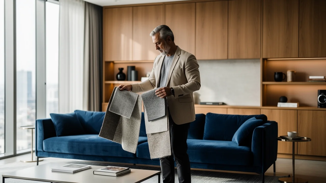 Interior designer comparing fabric swatches in a finished room