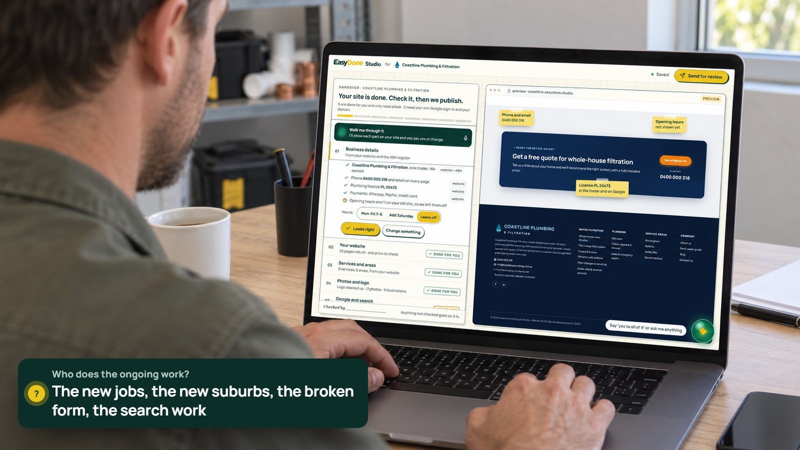 A business owner reviews the Studio handover sheet and a preview of his new website on a workshop laptop