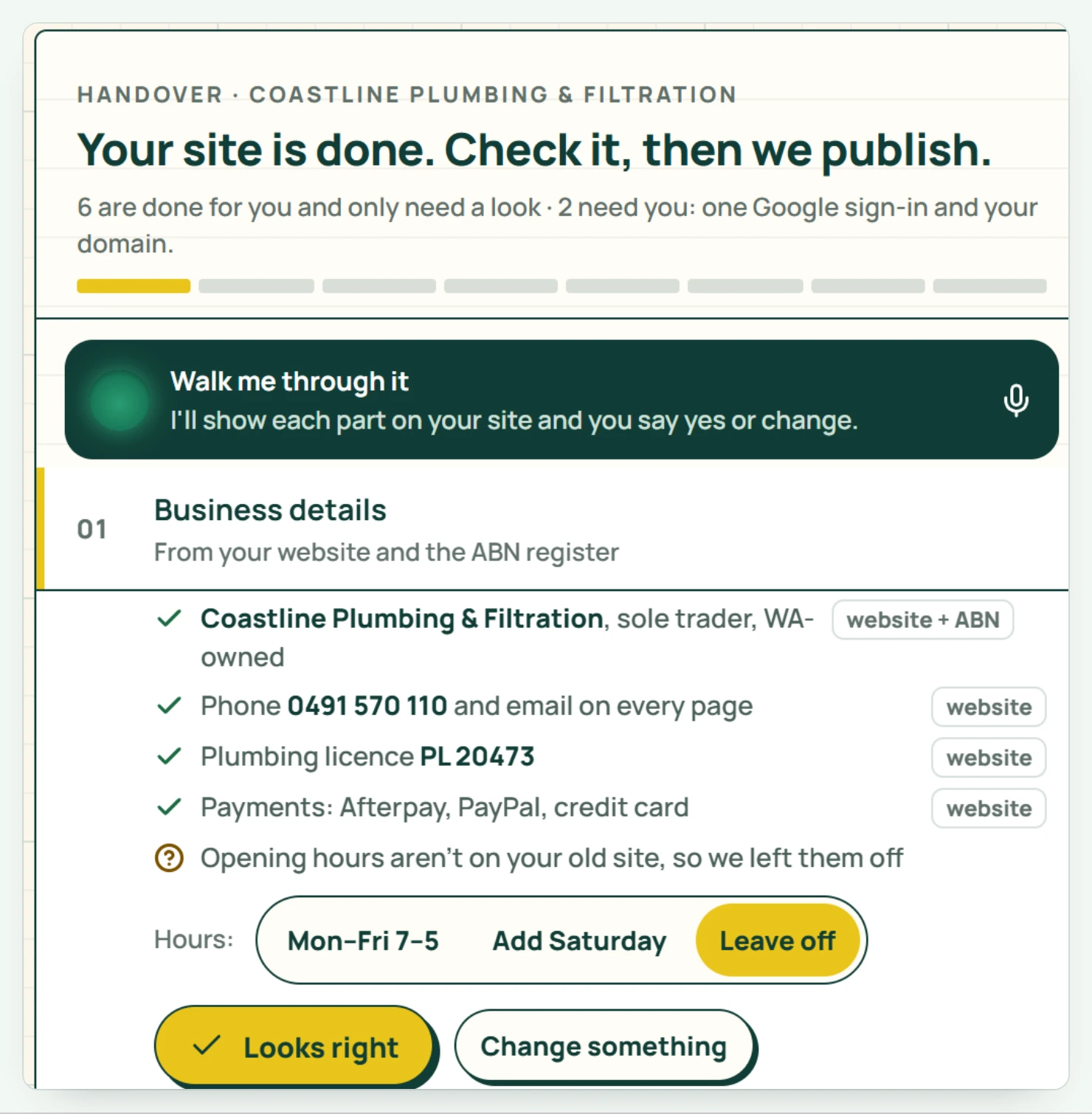 The Studio handover sheet showing business details found from the website and the ABN register, each ticked, with Looks right and Change something buttons