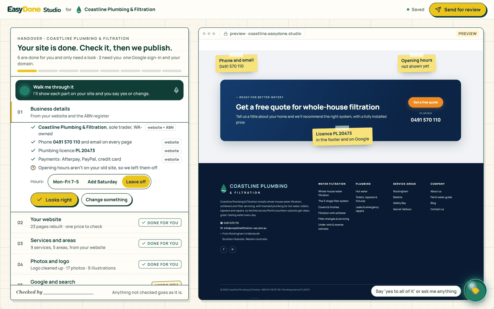 Handover checklist of business details marked done for you, beside a preview of the new site