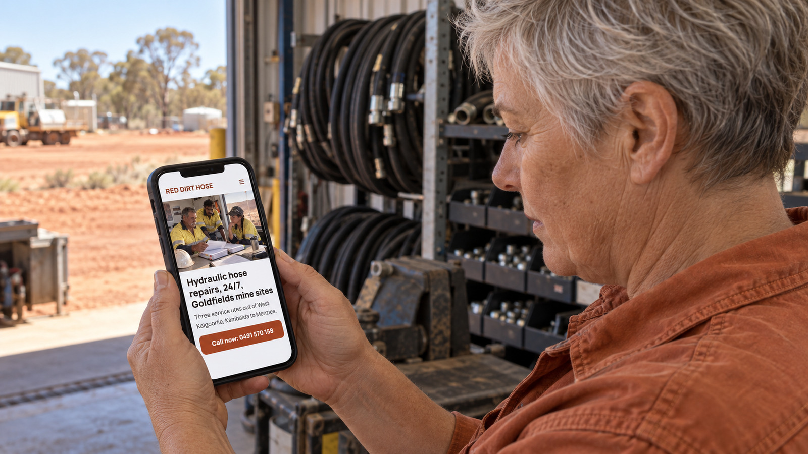 A hydraulics business owner checks her mobile website beside hose racks at a West Kalgoorlie workshop.