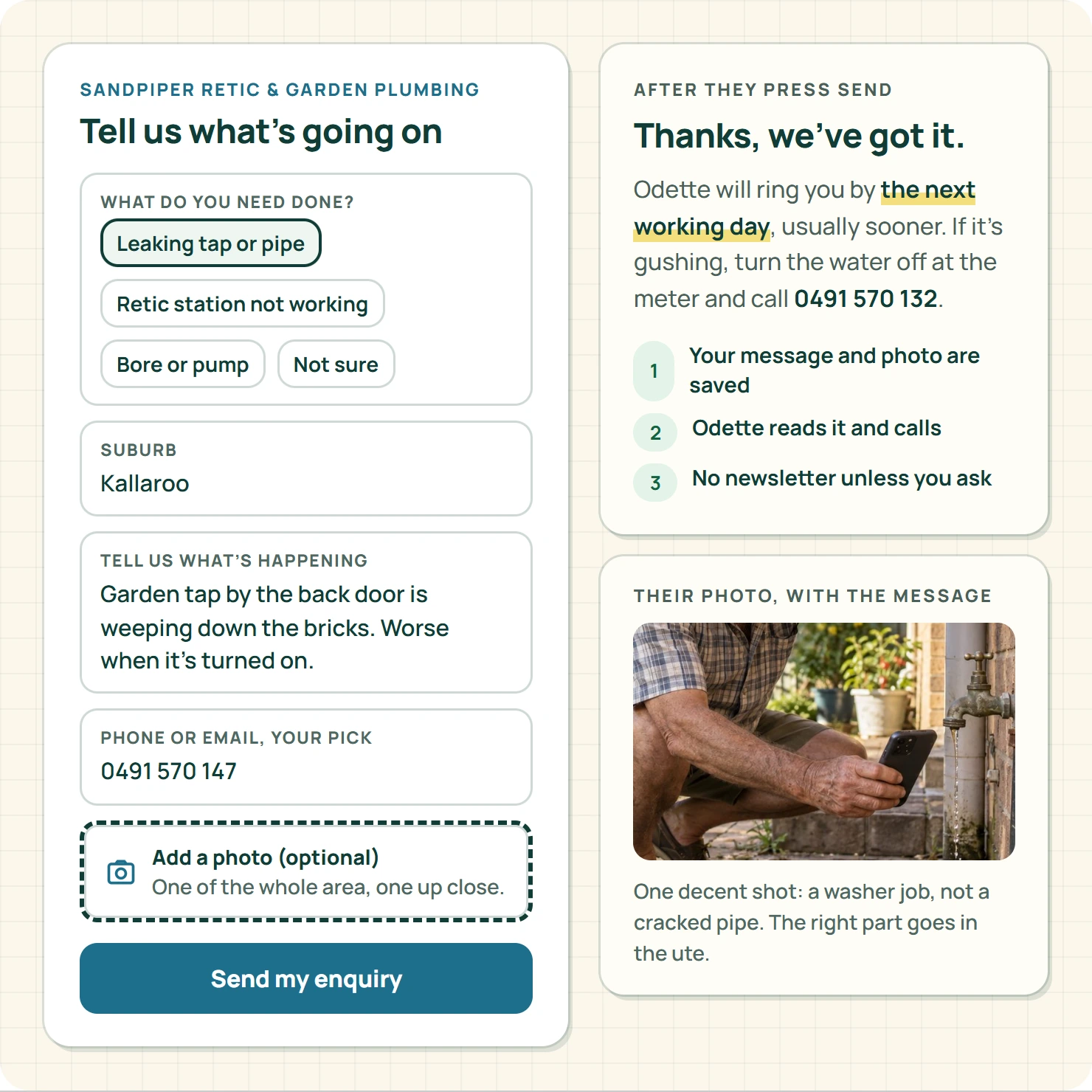 A five-field enquiry form for a made-up garden plumbing business with an optional photo, beside the thank-you page saying what happens next