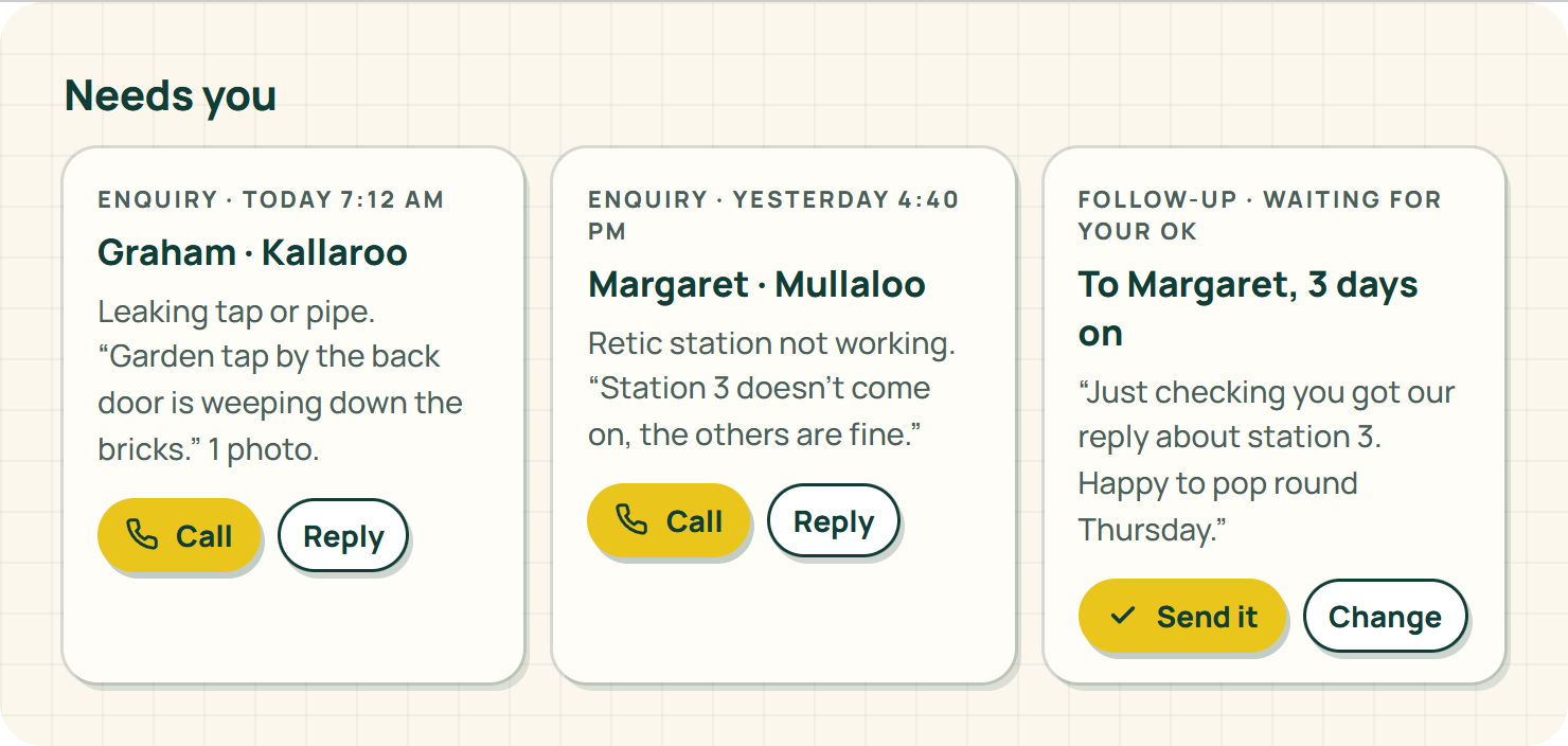 The Needs you row on the Studio owner home with two new enquiries, each with Call and Reply, and a follow-up email waiting for approval