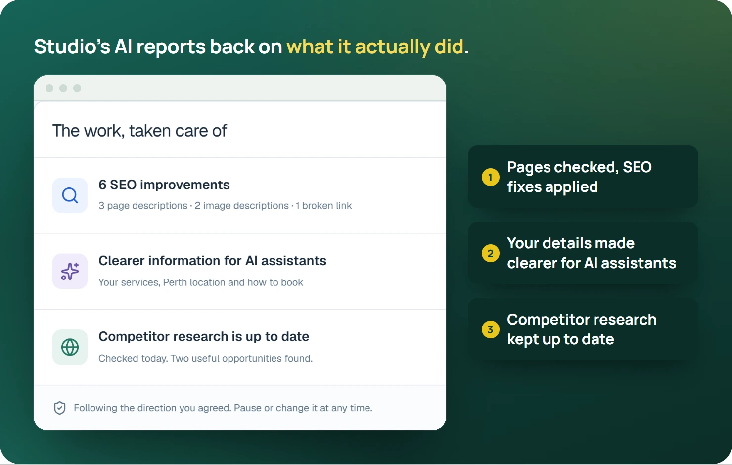 The Studio Background work screen listing SEO improvements, clearer information for AI assistants and competitor research, with callouts on each