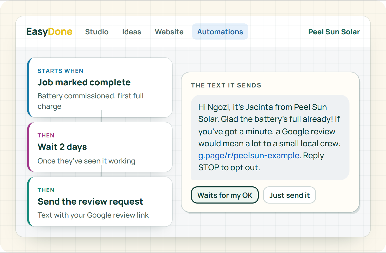 A Studio automation that waits two days after a job is complete and sends a Google review request text, set to wait for the owner's OK
