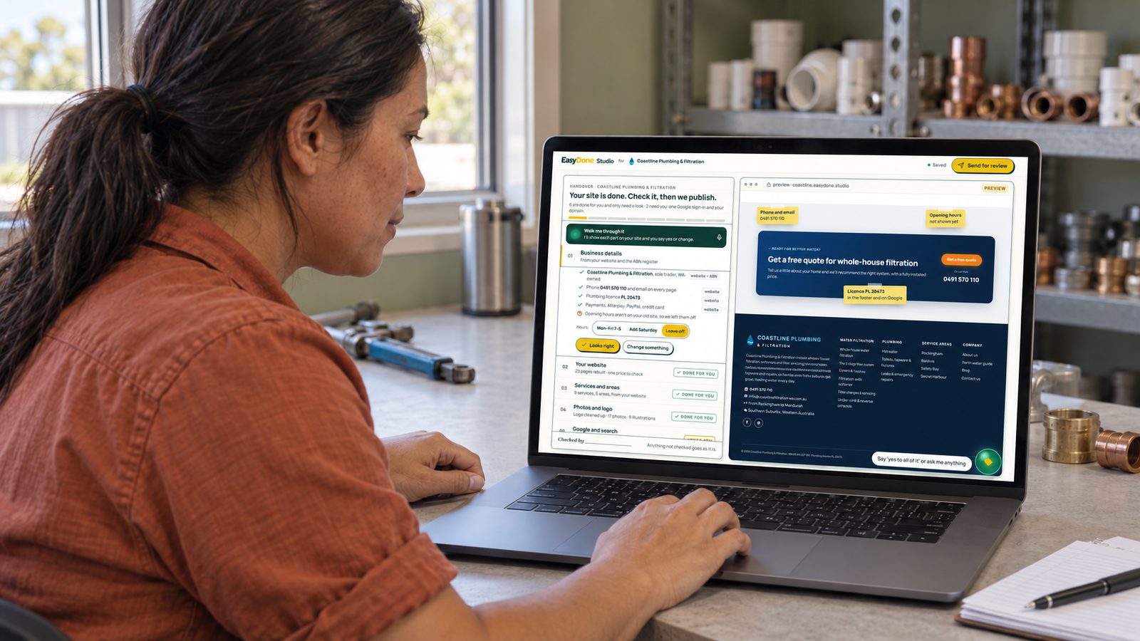 An Australian business owner previewing an approved EasyDone Studio website handover design on her laptop