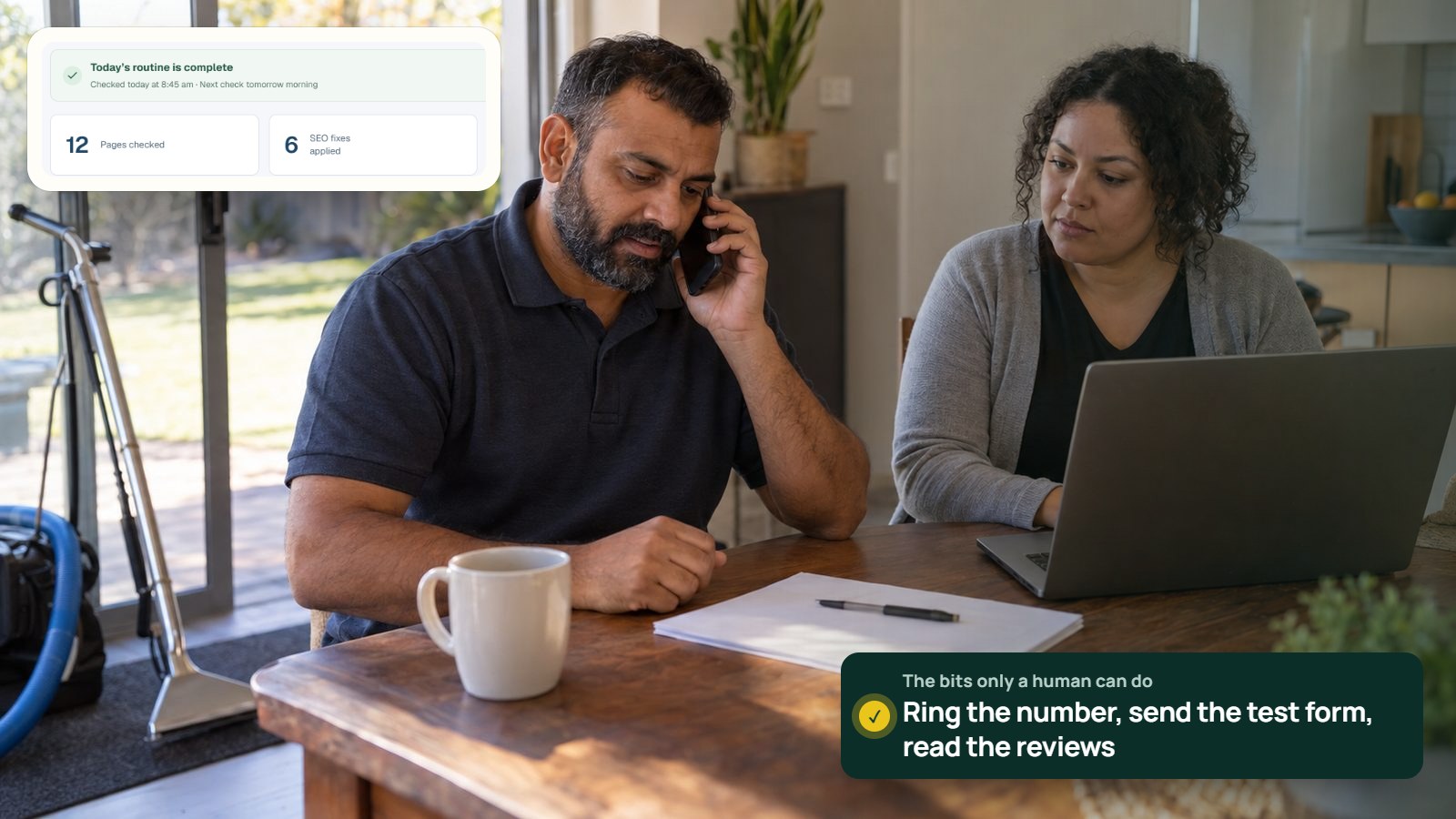 A carpet-cleaning business owner makes a test call at his kitchen table while his office manager checks the laptop, with Studio's routine-complete summary of pages checked and fixes applied