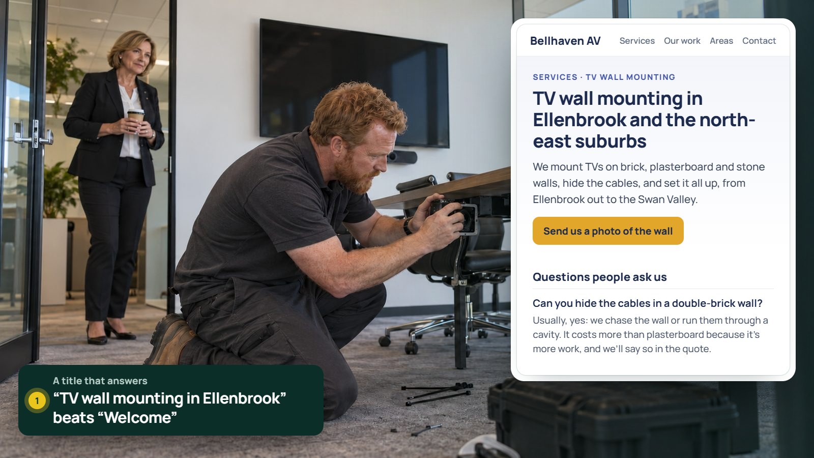 An AV installer works on a finished meeting room while the client watches, beside a service page titled TV wall mounting in Ellenbrook and the north-east suburbs