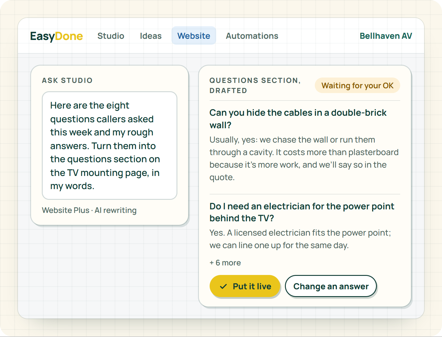 Studio drafting a questions section from Arjun's eight phone questions and rough answers, waiting for his OK to put it live