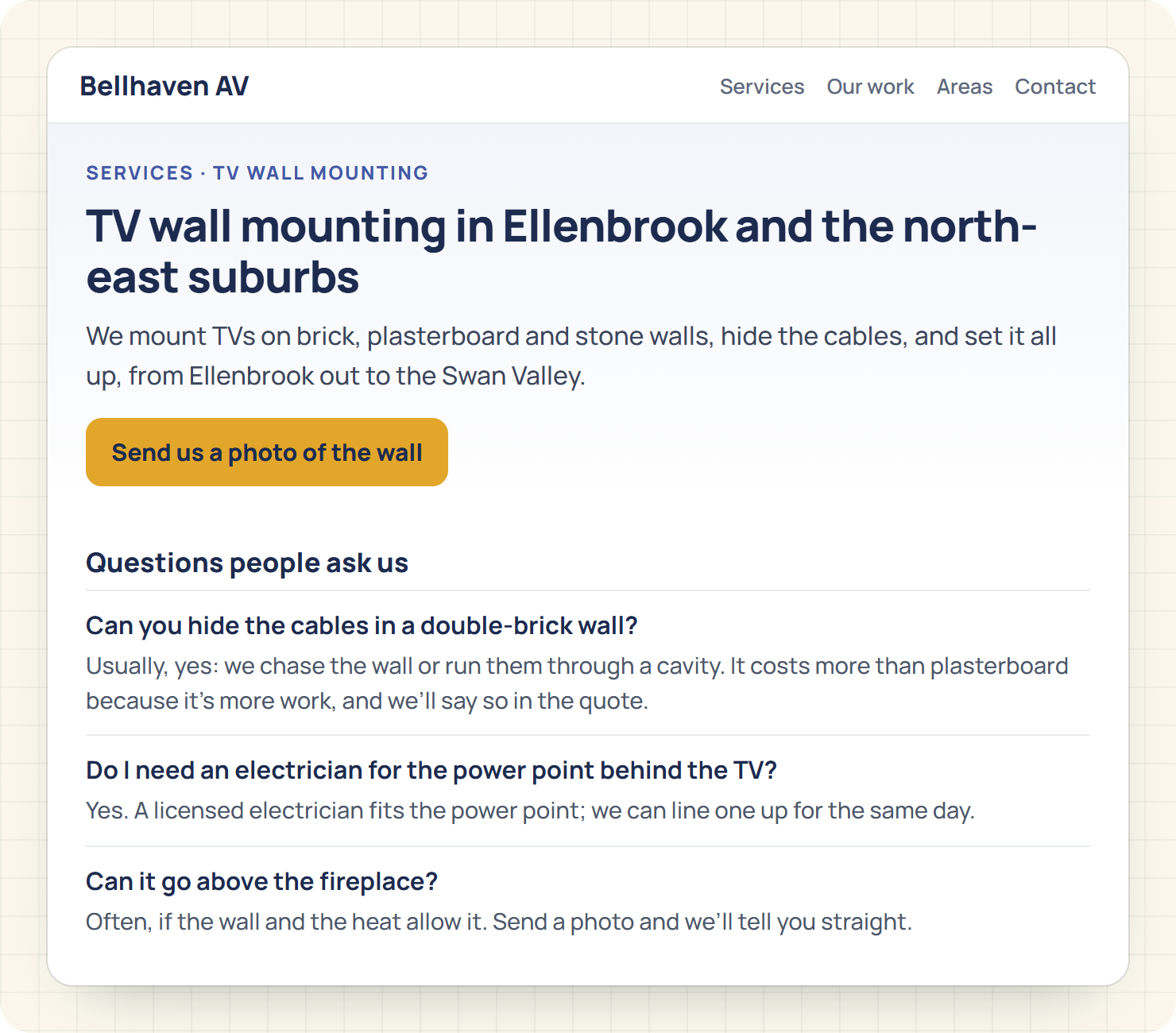 A service page for a made-up AV business titled TV wall mounting in Ellenbrook and the north-east suburbs, with a plain opening, a Send us a photo of the wall button and the questions callers ask