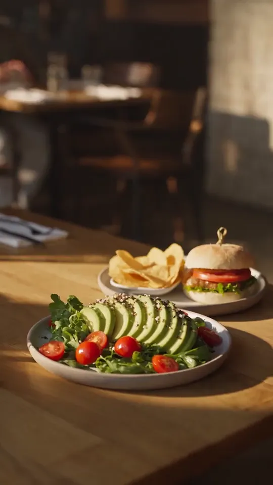 AI-generated video of restaurant staff serving lunch while friends talk around a busy table