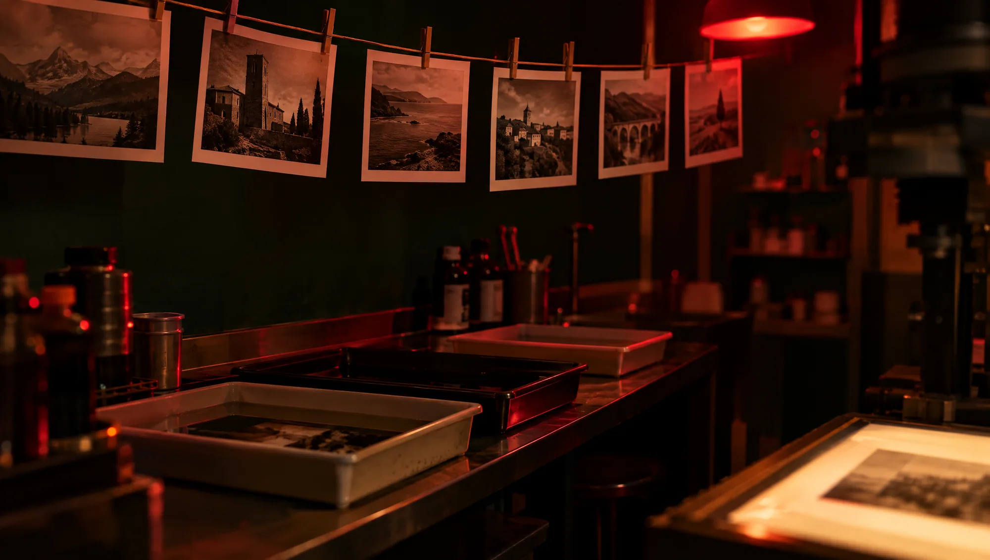 AI-generated image of a darkroom under a red safelight, with prints pegged on a line