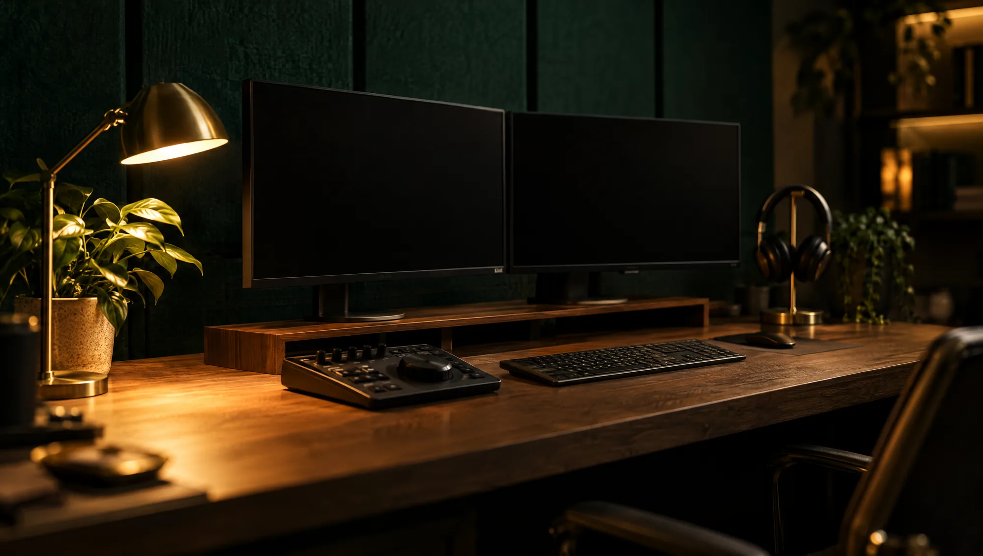 AI-generated image of an evening edit suite with a brass lamp