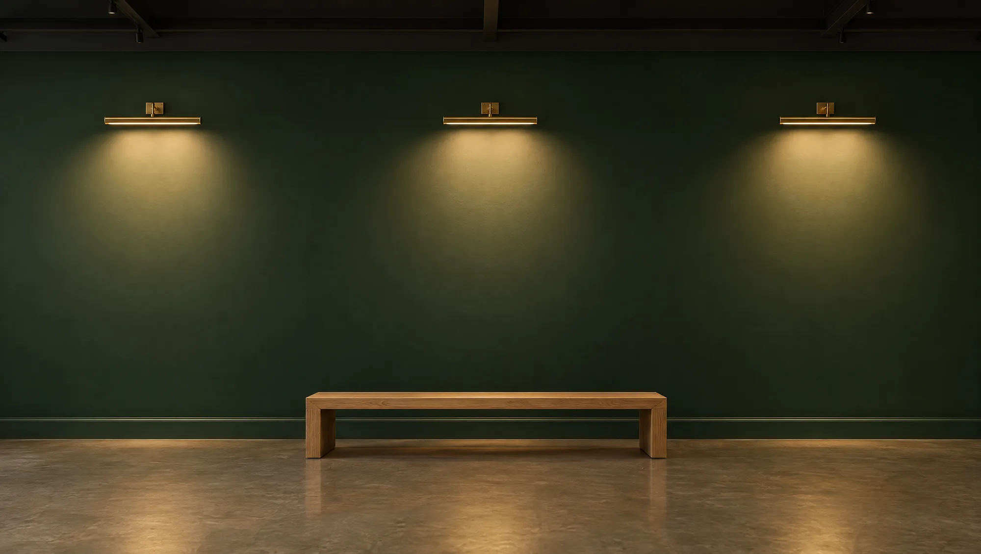 AI-generated image of a green gallery wall lit by three brass picture lights