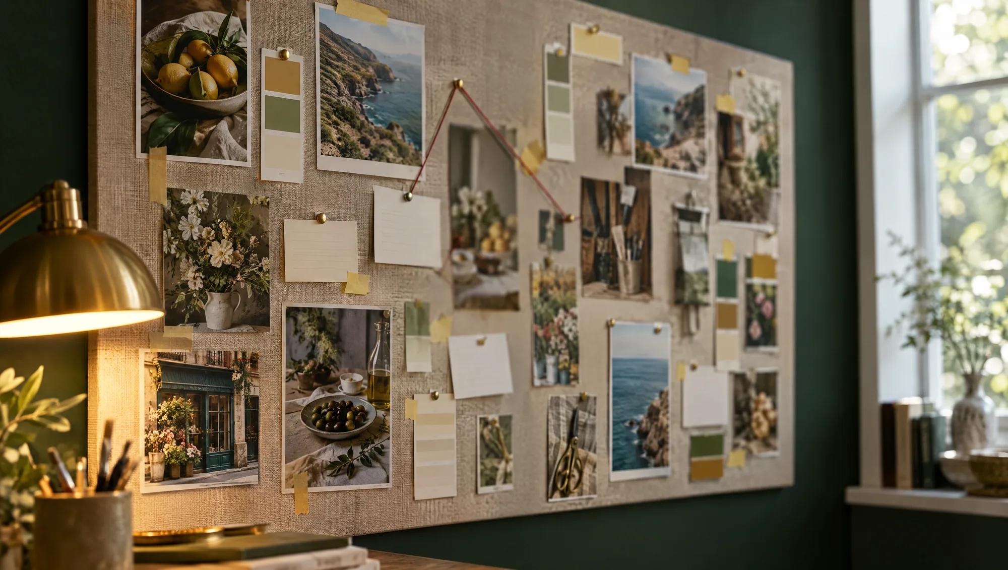 AI-generated image of a linen mood board under a brass desk lamp