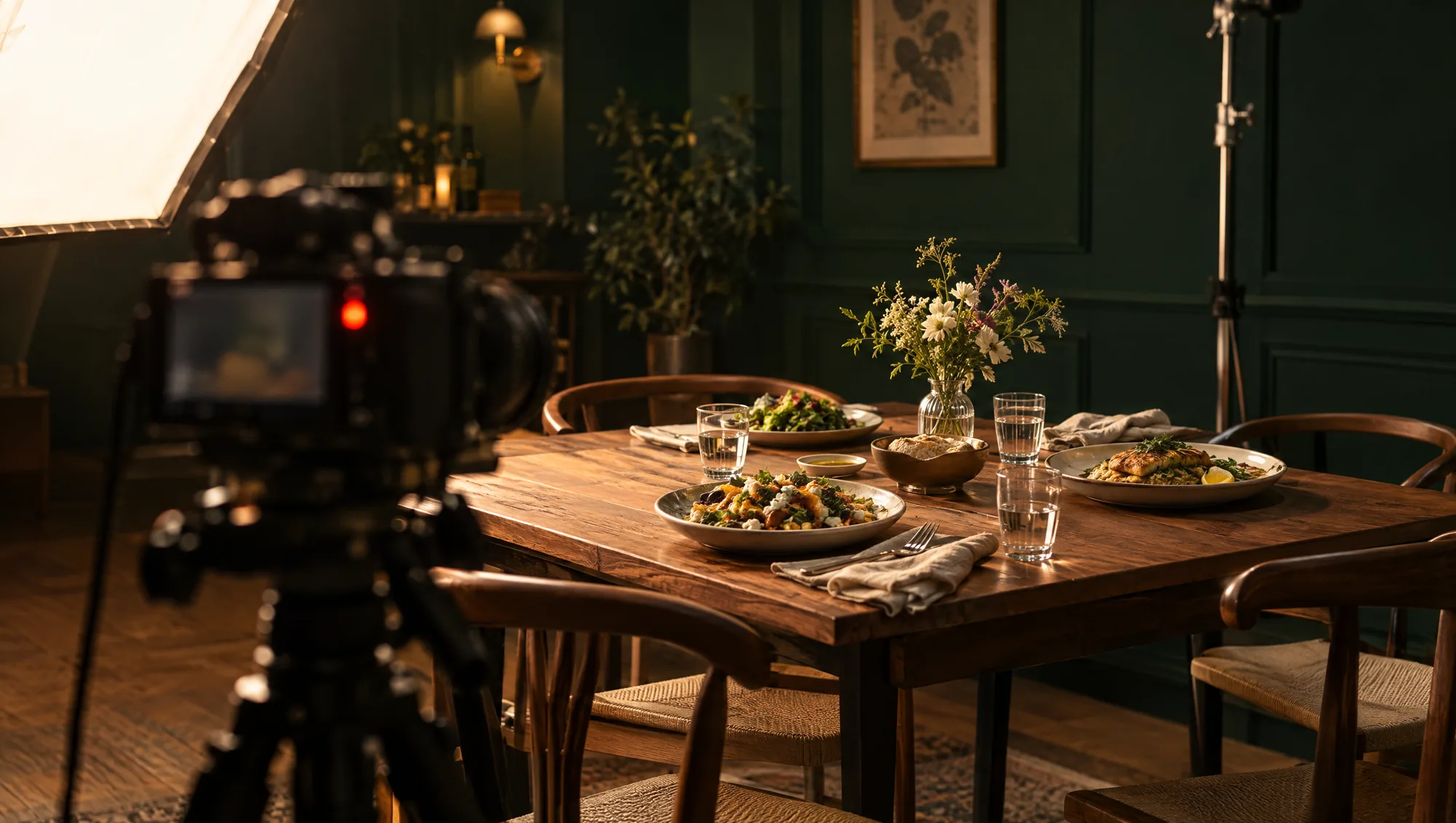 AI-generated image of a lunch table set up behind a camera