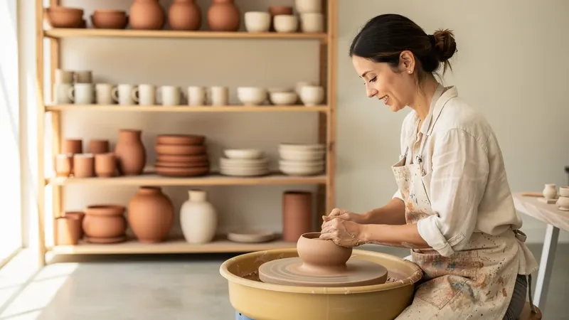 AI-generated image of a potter shaping a bowl on a wheel, with shelves of handmade stoneware behind her
